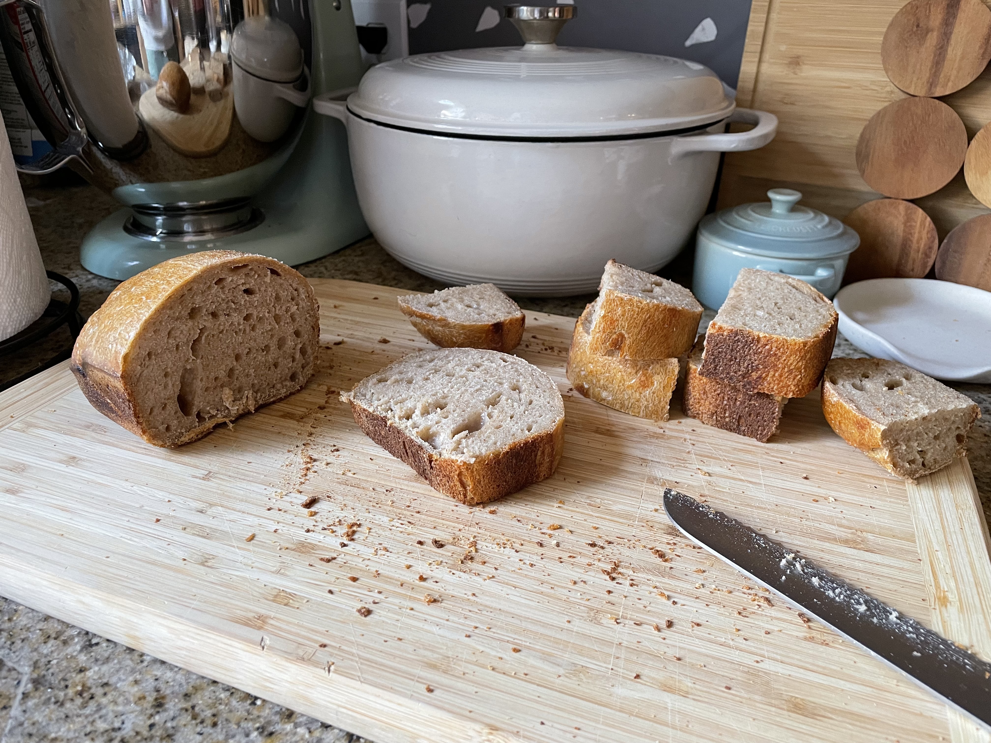 Homemade sourdough loaves cut into slices